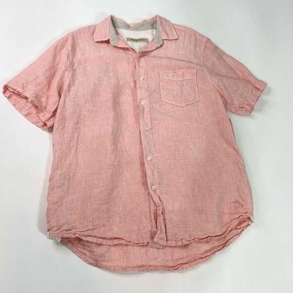 Tommy Bahama Shirt Men's Medium Button Front Short Sleeve Pocket 100% Linen Pink - Picture 1 of 11